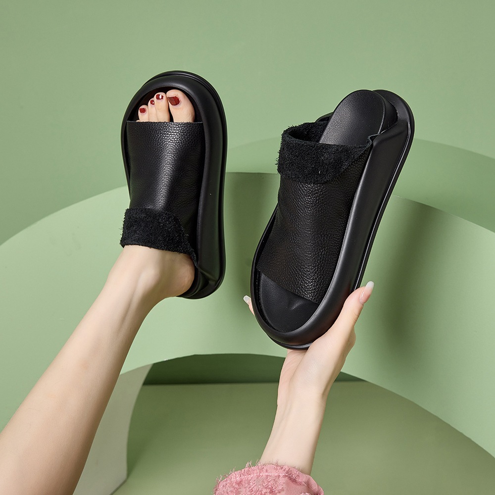 新款復古軟皮純色外穿休閒軟底厚底拖鞋